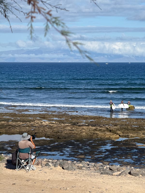 Relaxing on a rocky Arona shoreline with ocean views