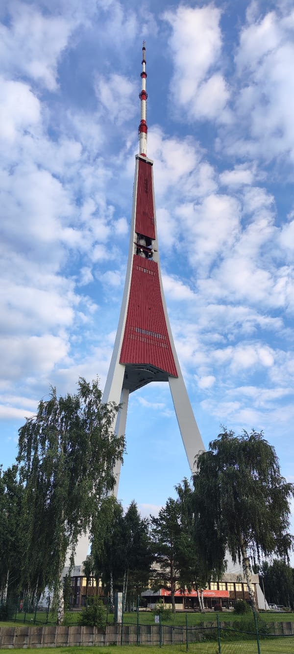 Riga's iconic radio tower rises above the Latvian capital