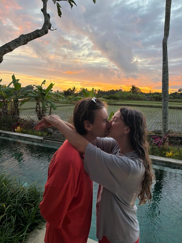 Tourists enjoy pool activities at Mas villa overlooking rice fields