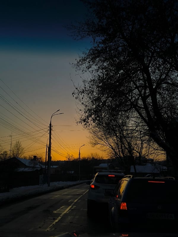 Winter twilight scene captured on Vinnytsia street