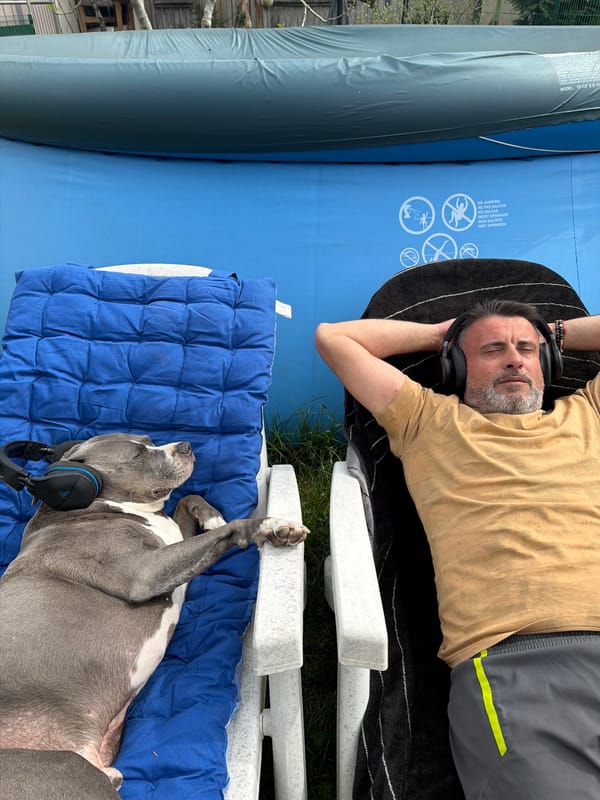 Man and dog share headphones during Sunday relaxation in Luxembourg