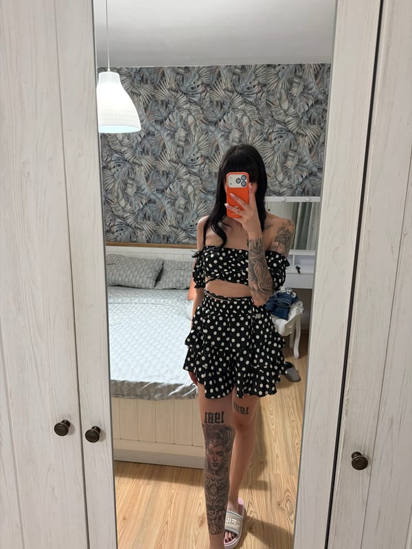 Polka dot outfit selfies in a Plovdiv bedroom, late evening