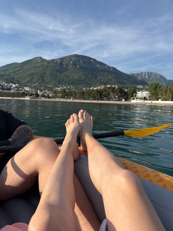 Kayakers enjoy calm waters off Montenegro coast