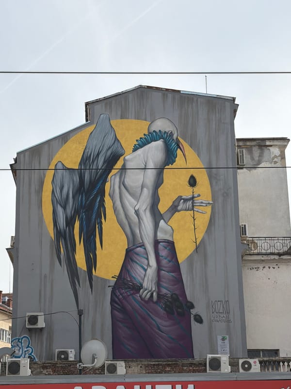 Bird-like humanoid mural spotted on Sofia building
