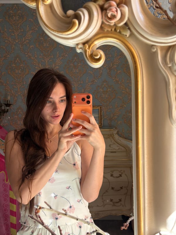 Mirror selfie session in Ufa, multiple outfit changes, ornate gold mirror