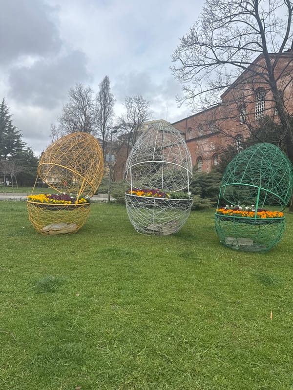 Decorative colored spheres displayed on Sofia lawn