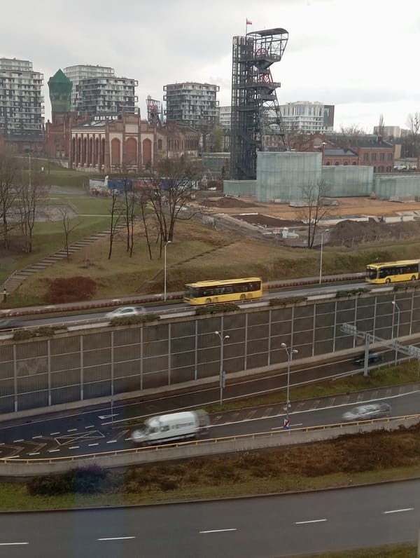 Aerial view captures Katowice cityscape with Silesian Museum
