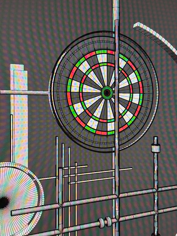 Digital art images captured: dartboard wireframe, hands with flowers