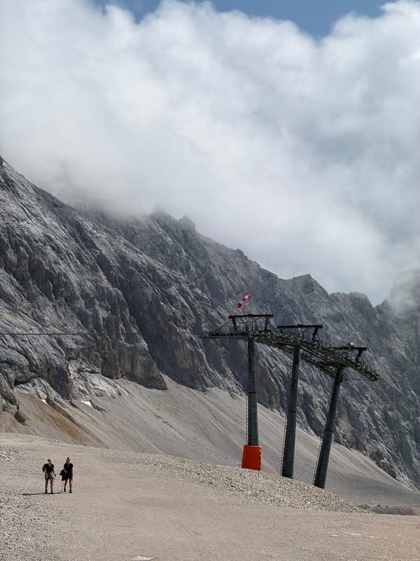 Zugspitze area: summer hiking at a misty alpine ski station