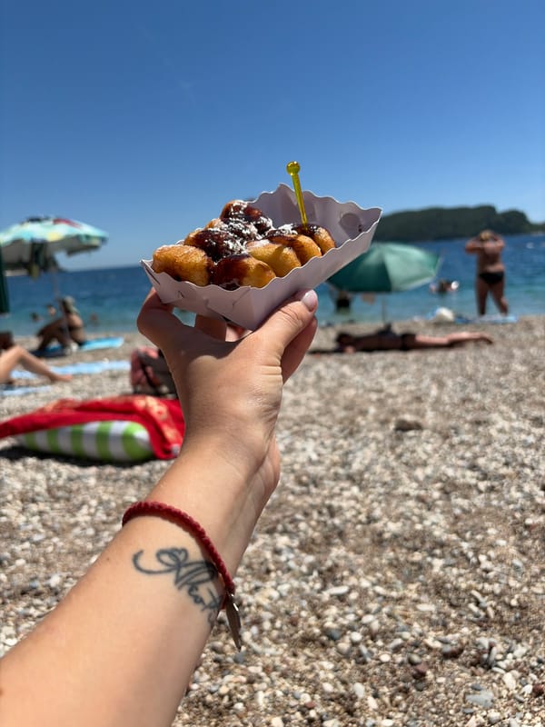 Summer beach day at Budva's Slovenska Plaža with snacks