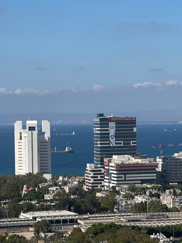 Haifa port and coastline, Salamis Lines ferry in view