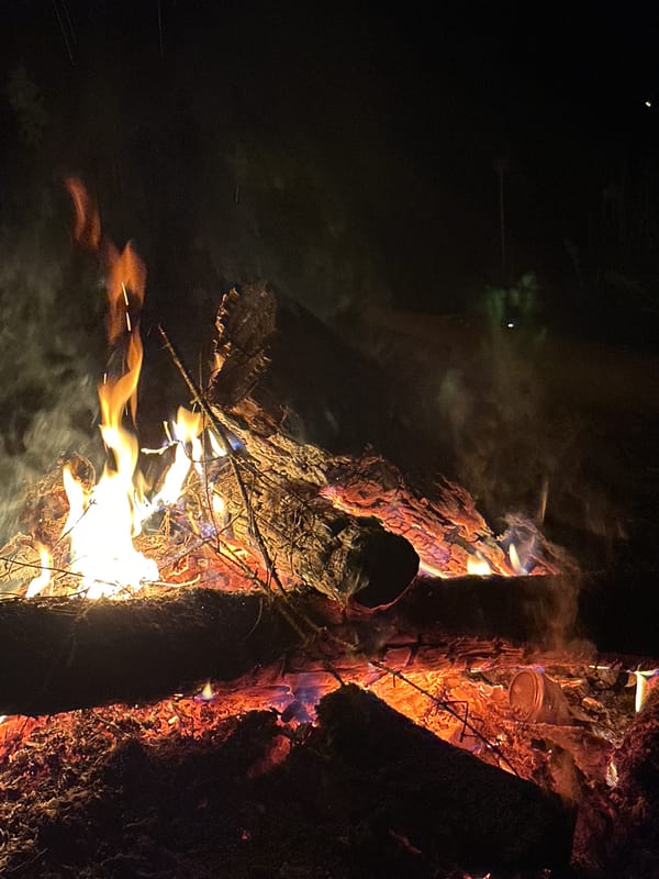 Evening bonfire burns in rural Belarus countryside
