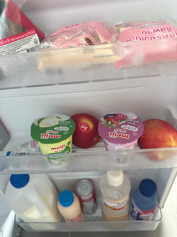 Fridge contents and a gold LEGO minifigure at home in Phuket