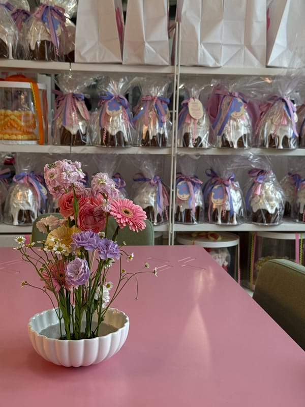 Flower bouquet displayed at Moscow bakery counter