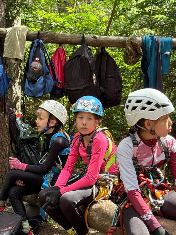 Climbing group preps in the forest outside Chaikovsky
