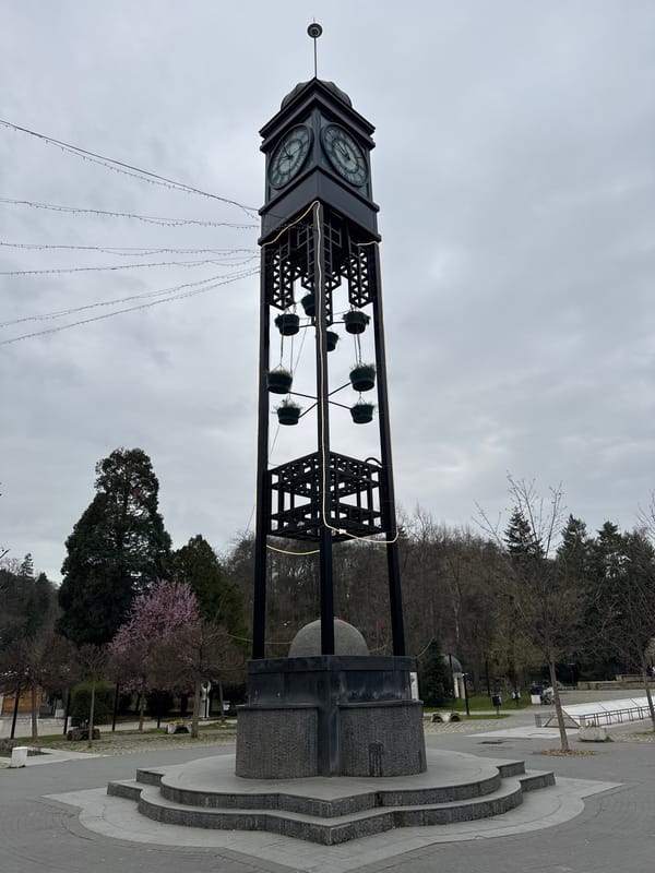 Morning documentation of Bankya landmarks includes clock tower, architecture