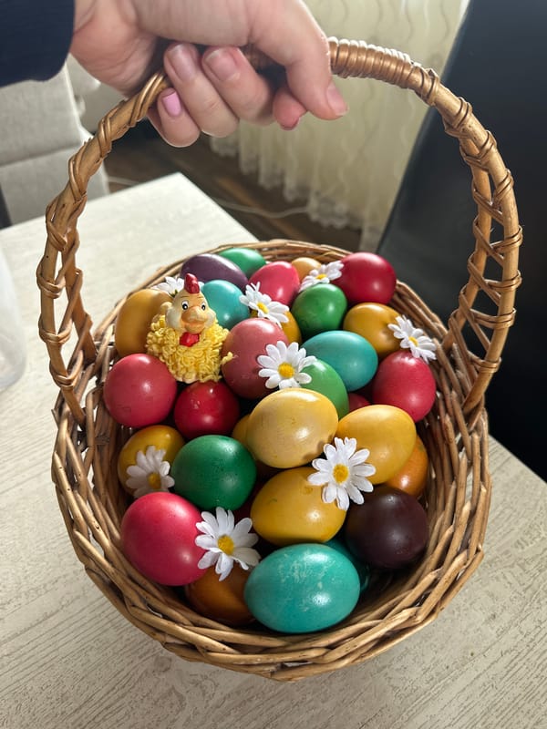 Easter basket with colorful eggs observed in Bryastovets, Bulgaria