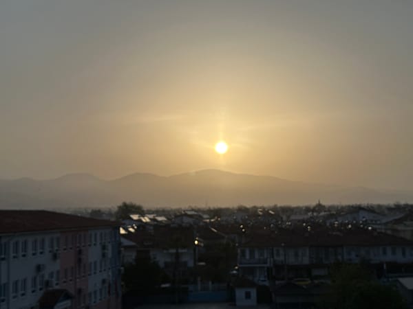 Sunset captured over residential Fethiye, Turkey cityscape