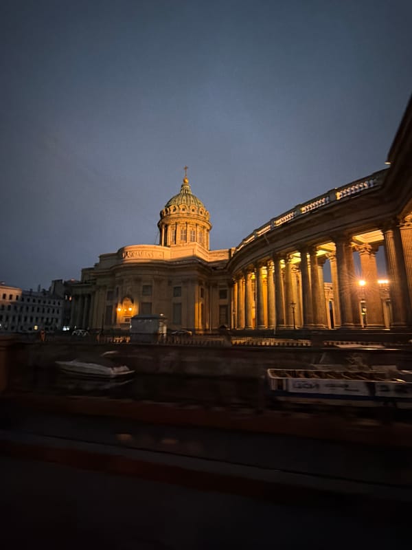 Kazan Cathedral glowing at dusk, Saint Petersburg