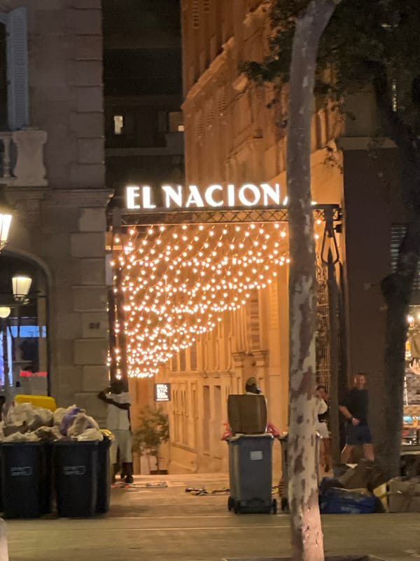 Christmas lights illuminate Barcelona street scene at night