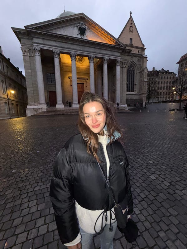 Tourist captures Geneva cathedral district and Swiss chocolates