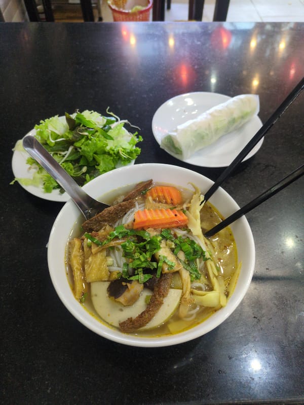 Vietnamese vegetarian noodle soup photographed in Quy Nhon