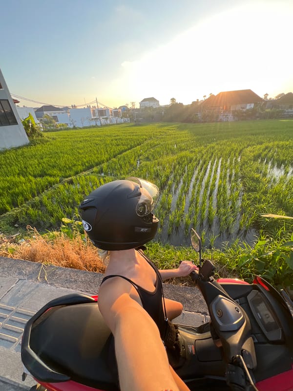 Scooter stop at Bali rice paddies, sunset to nightfall