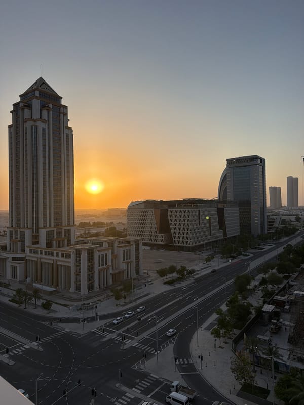 Golden-hour city sunset seen from multiple vantage points