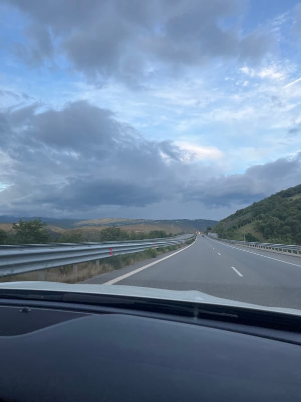 Highway view captured from vehicle near Blagoevgrad, Bulgaria