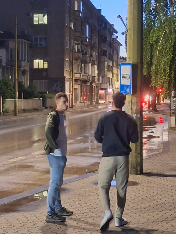 Urban evening scene captured by multiple witnesses at dusk