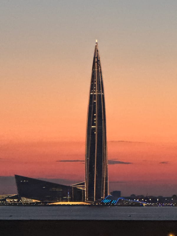 Saint Petersburg skyline glows at dusk around Lakhta Center