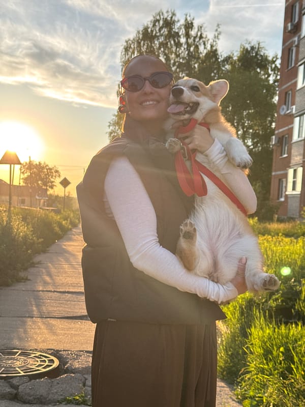 Person poses with Corgi during golden hour in Chaikovsky