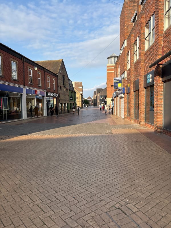 Chelmsford city center: high street and river on a summer afternoon
