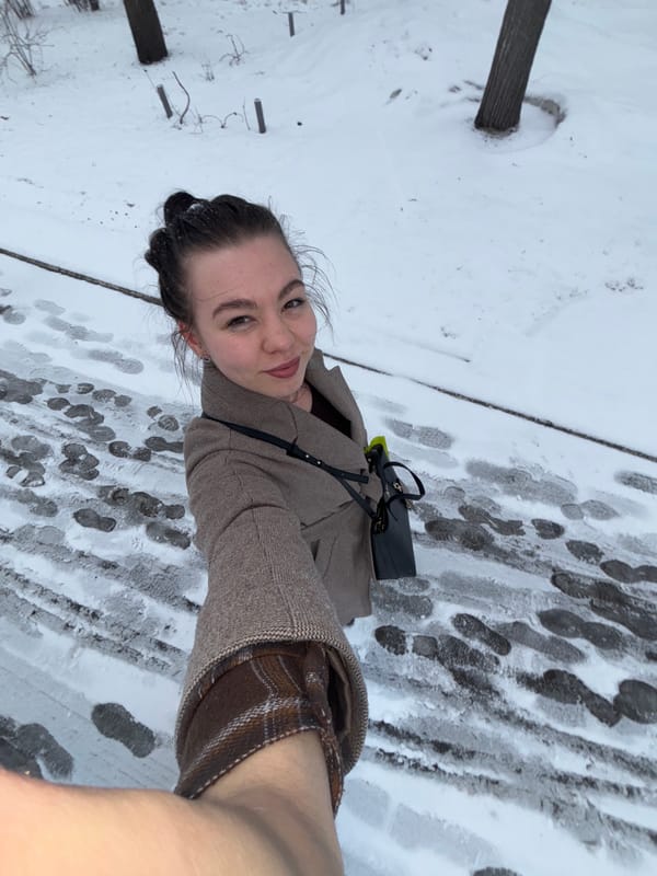 Woman takes selfies in snowy Perm, Russia
