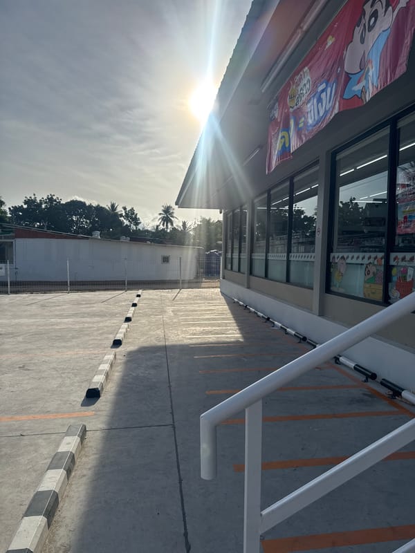 Chill tropical beach morning with boats, dogs, and a 7-Eleven run