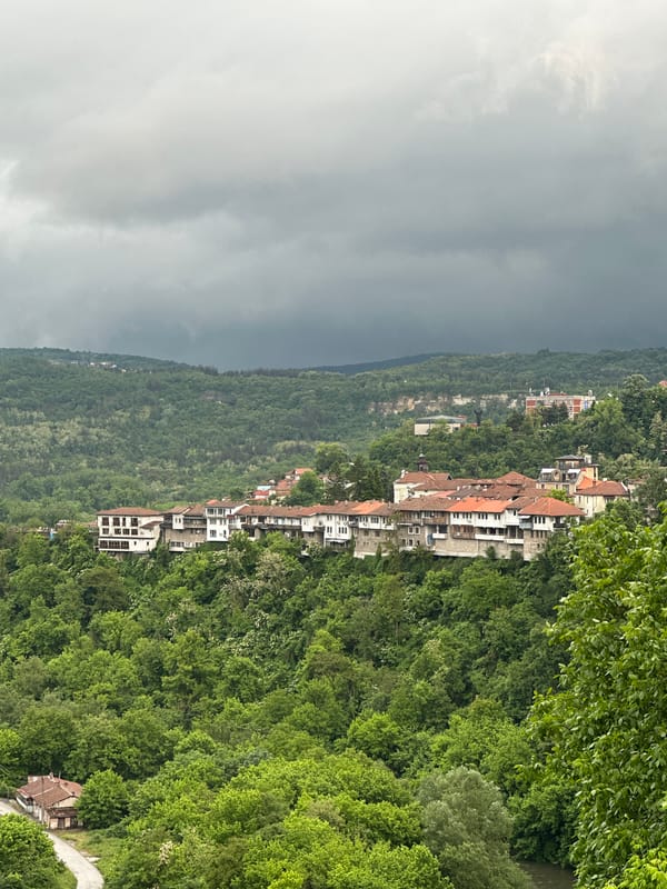 Tourist captures scenic views of historic Veliko Tarnovo, Bulgaria