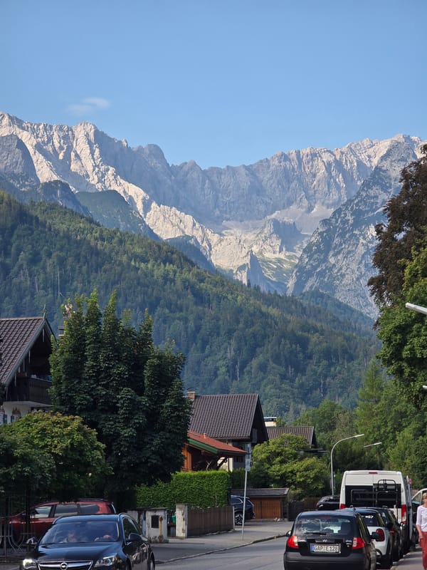 Street-level view of Garmisch-Partenkirchen with Alpine backdrop
