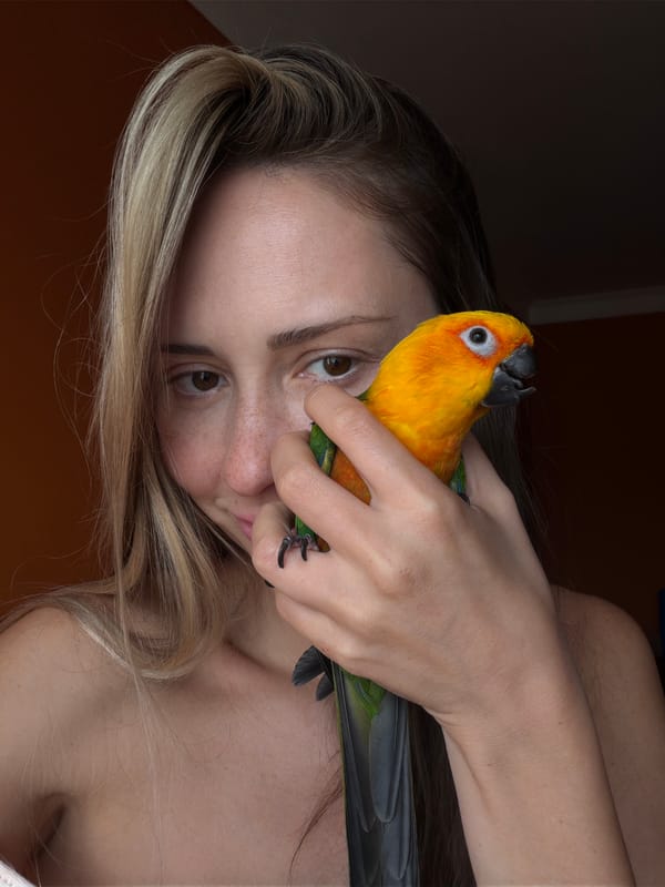 Woman bonds with sun conure parrot in Khimki home