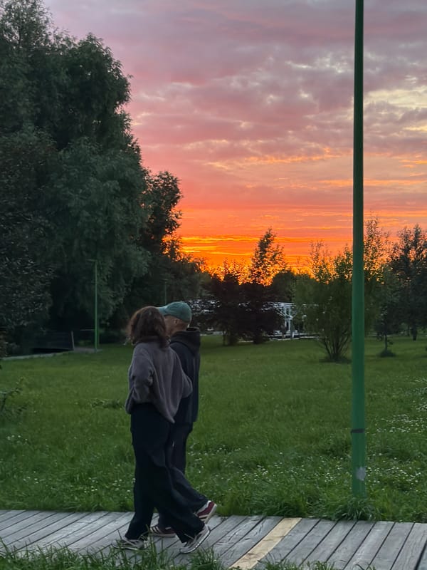 Kazan park at golden hour, flowers and sunset sky