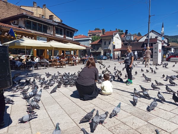Children feed pigeons in Sarajevo's historic square