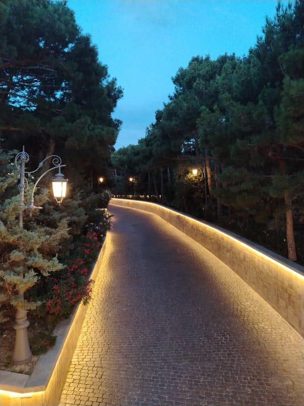 Dusk at Baku's Flame Towers promenade, Sabail Raion
