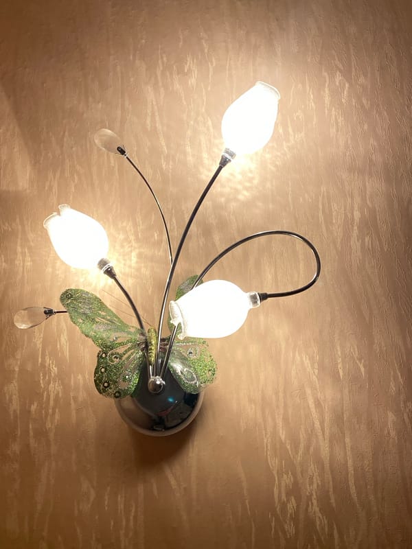 Interior details: butterfly lamp and gold-embroidered fabric