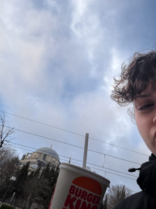 Person with fast food drink photographed near Istanbul mosque
