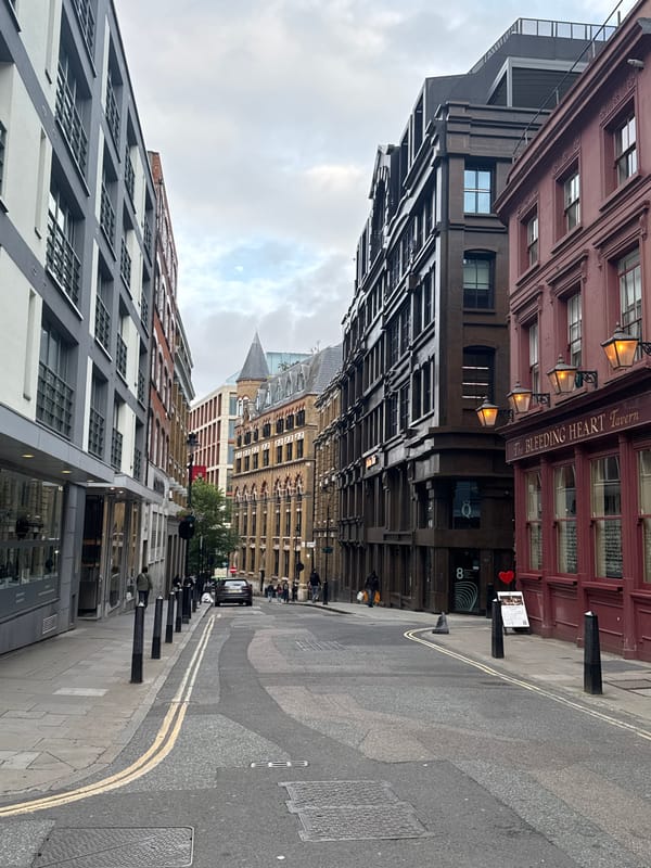 London street scene captured under overcast evening sky