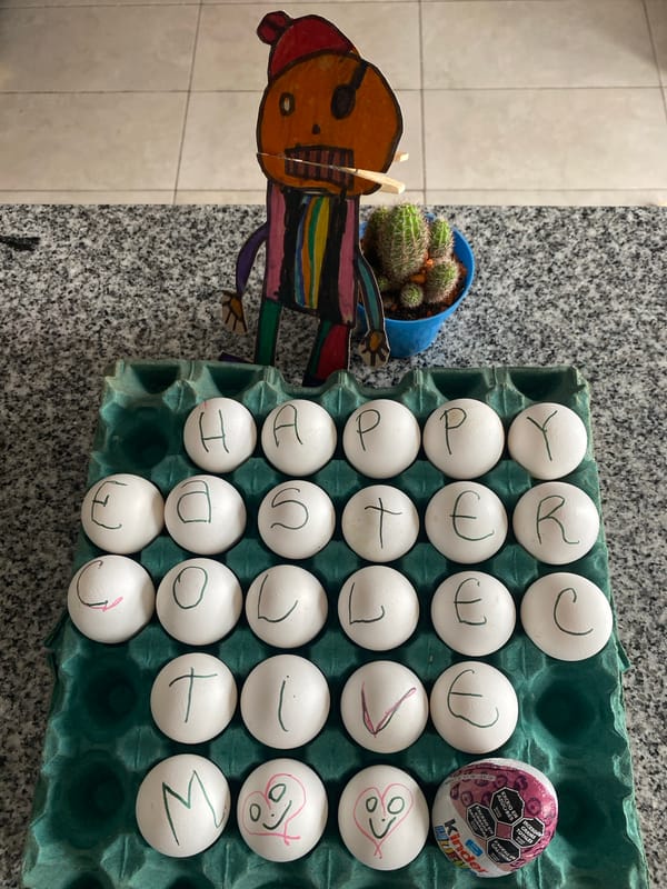 Letter-marked eggs displayed on kitchen counter in Wilde, Argentina