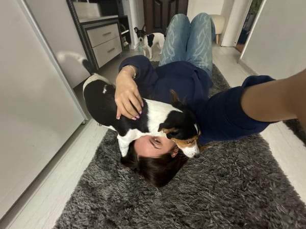 Woman plays with dog indoors in Sofia apartment