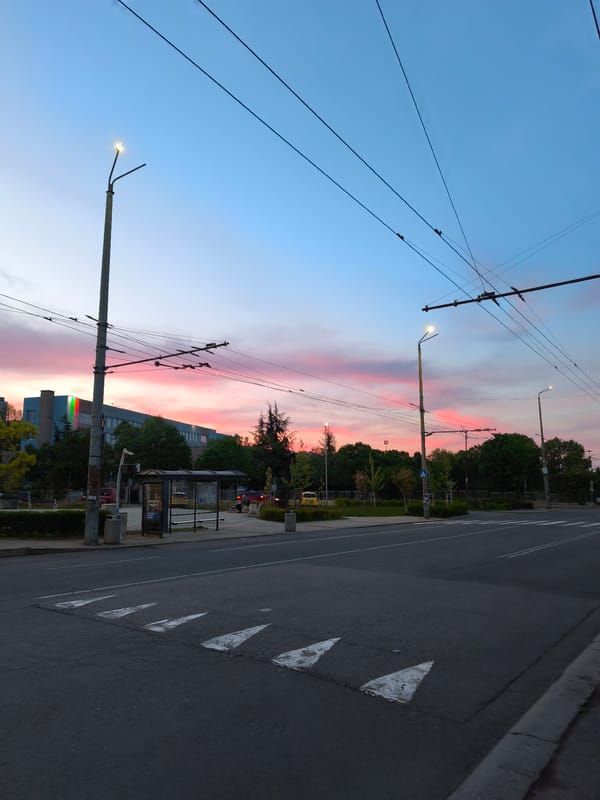 Colorful sunset observed on Burgas street at dusk