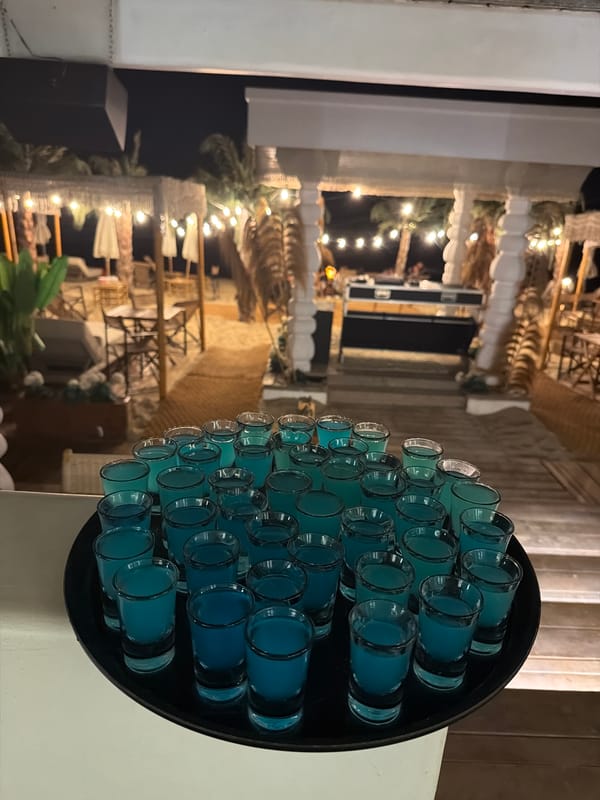 Beach bonfire night with food, drinks, and tropical vibes