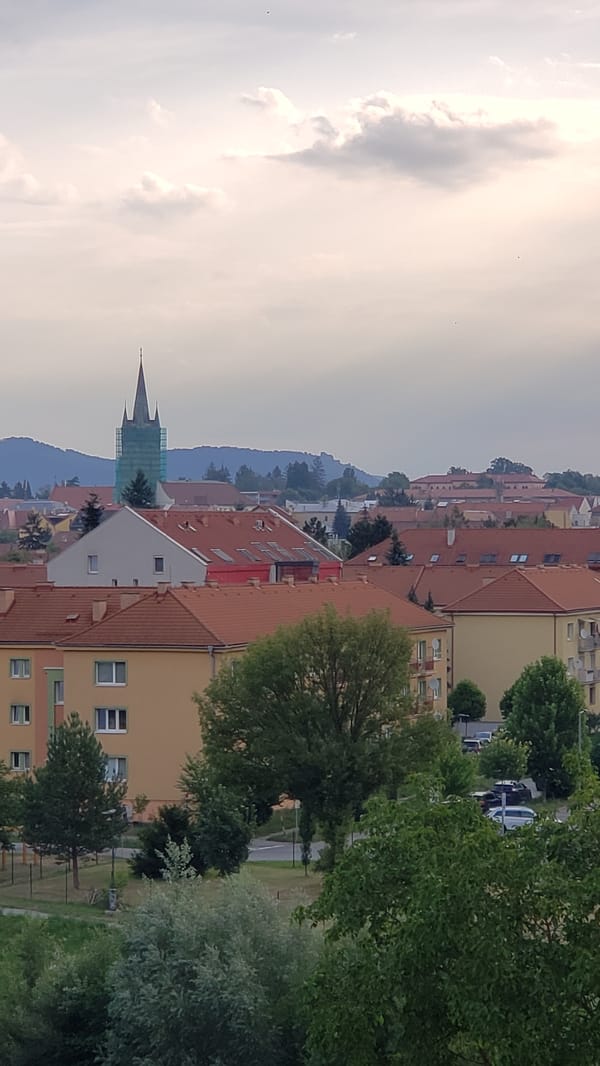 Rooftop panoramas across Prešov, Slovakia, on a July morning