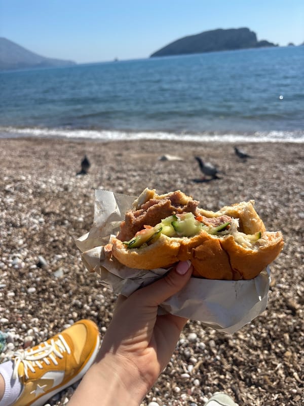 Morning coffee and beach routine documented in Budva